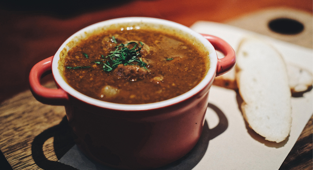 Soup in a stoneware bowl